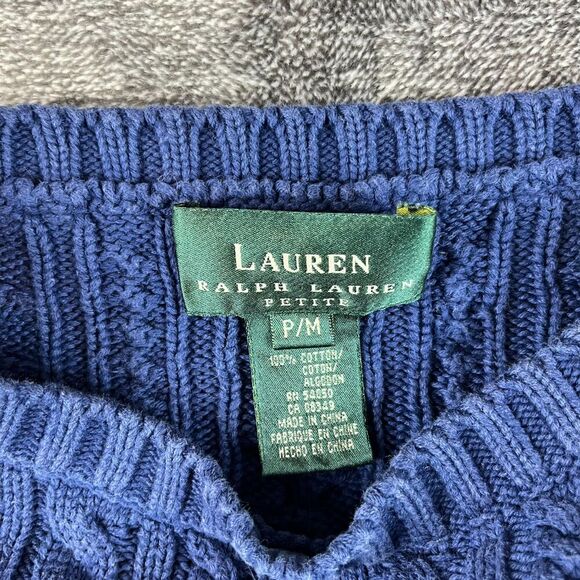 Lauren Ralph Lauren Cable Knit Fisherman Sweater Crewneck Navy Blue M Petite* - Picture 4 of 10